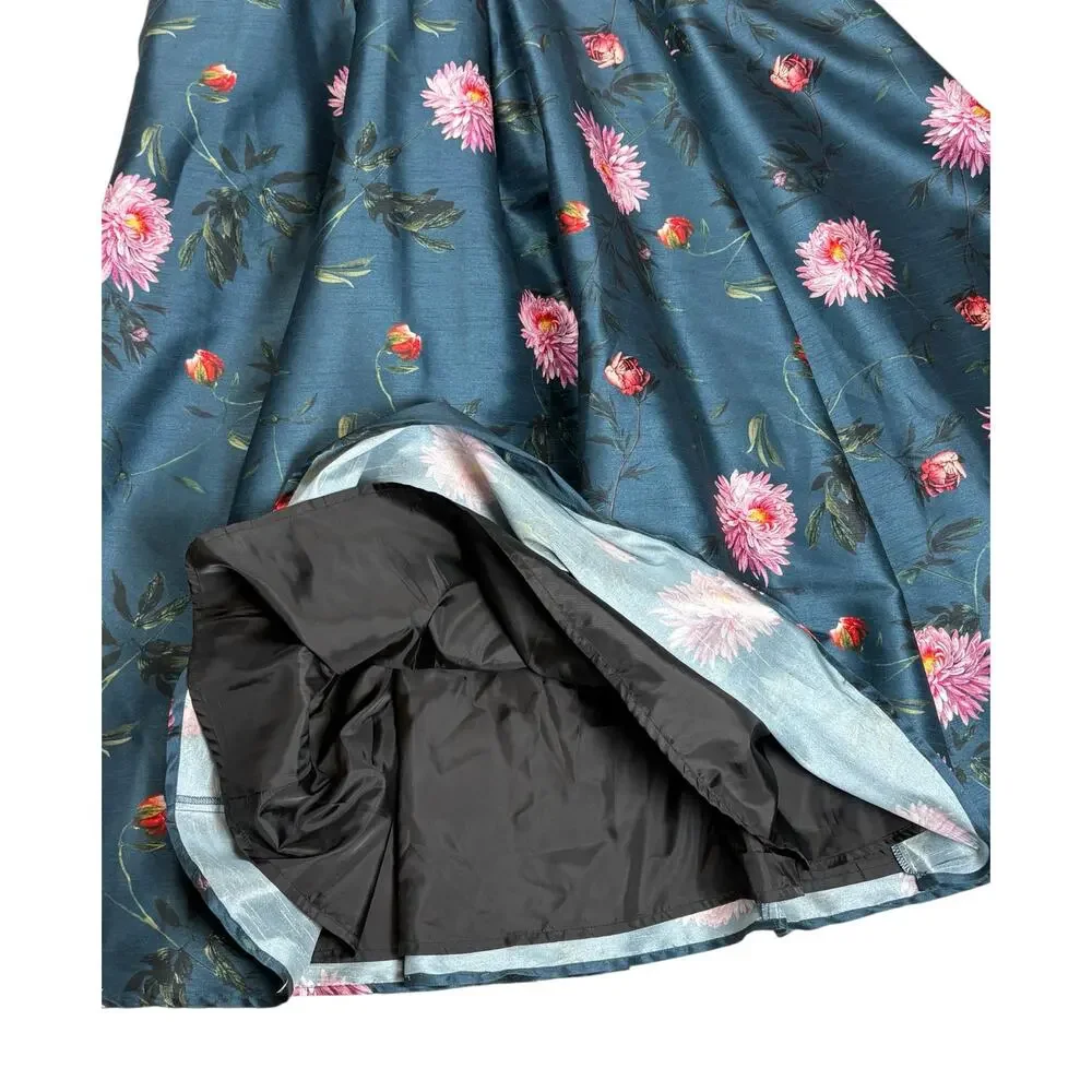 eShakti Fit & Flare Floral Taffeta V-neck Maxi Dress Women's Plus 3X Blue Pink - Picture 4 of 9
